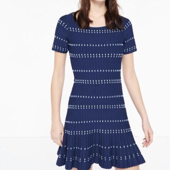 SANDRO Knitted Ribbed Fitted Mini Dress Navy Blue Short Sleeve Flare Skirt Sz T2 - Picture 1 of 15